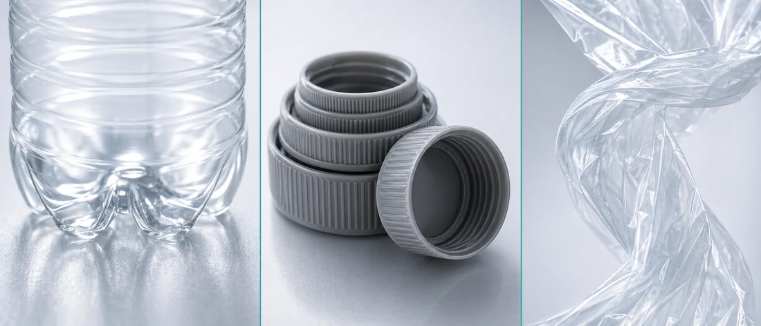Триптих макропланом: пляшка PET, кришки HDPE і плівка LDPE — три типові застосування термопластів.